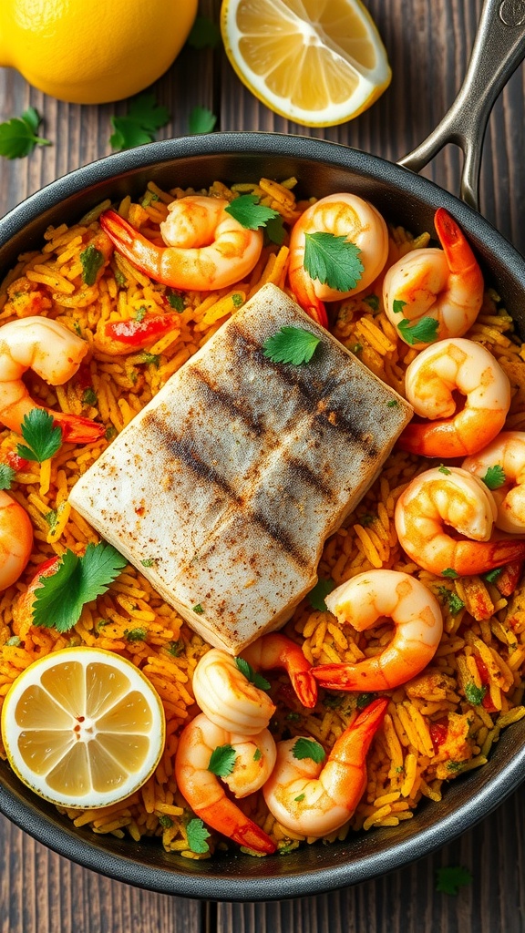 A bowl of zesty sea bass and shrimp paella with saffron rice, garnished with parsley and lemon wedges, on a rustic wooden table.